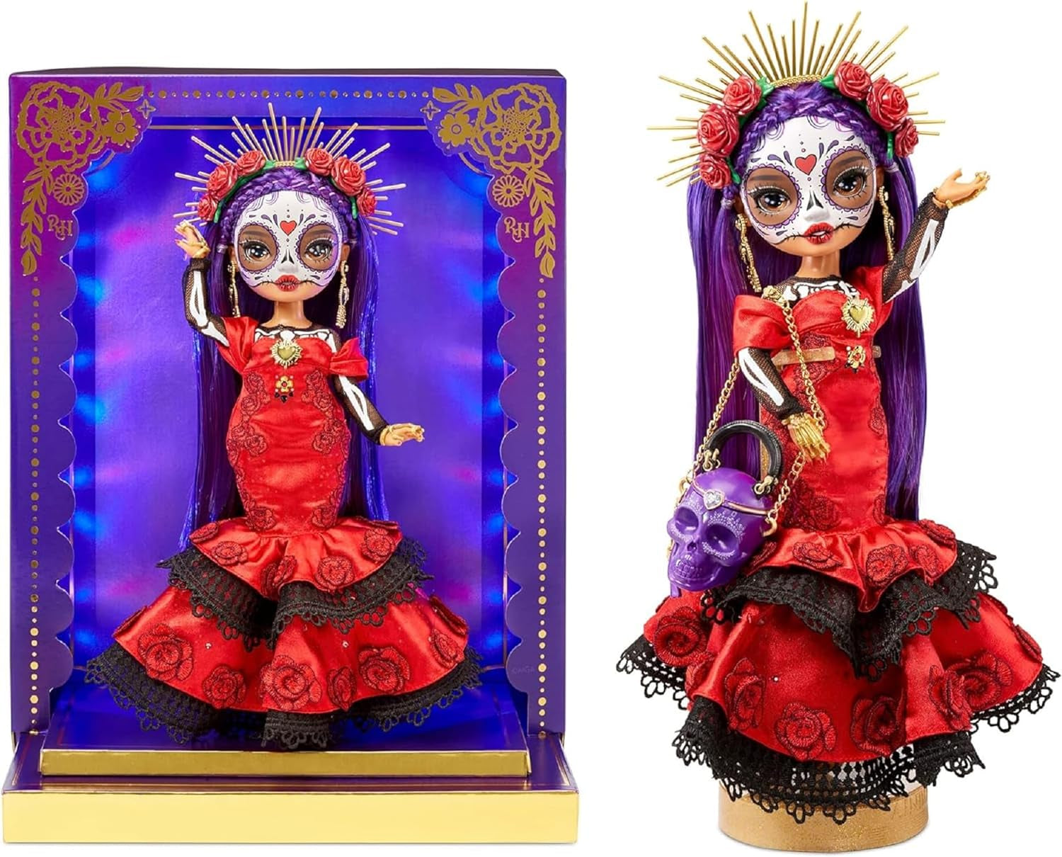Rainbow High 2022 Celebration Edition Día De Los Muertos - Maria Garcia - Sammler-Modepuppe (28 cm) s gestem a Calavera-Handtasche - Leuchtdisplay a Premium-Accessoires