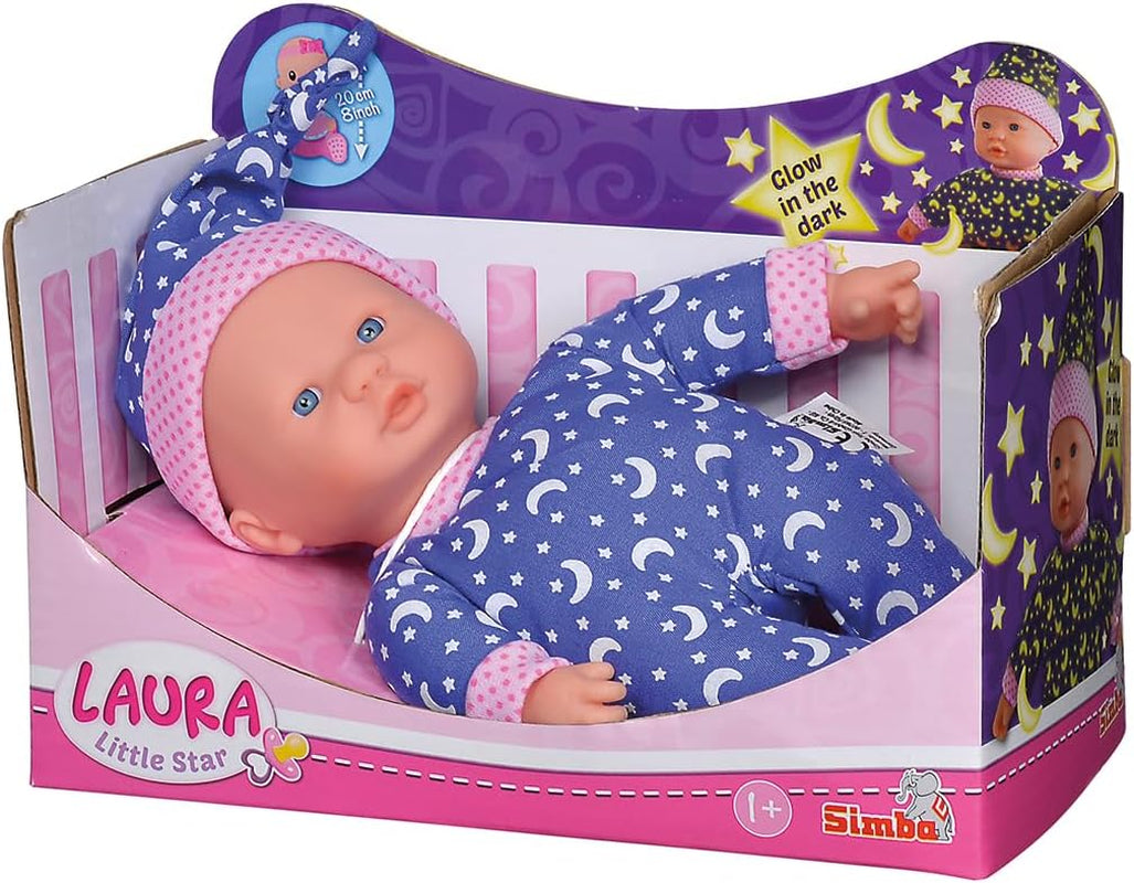 Simba 105010010 - Laura Little Star, păpușă cu corp moale în rochiță dulce și șapcă cu luni și stele strălucitoare, 20 cm, strălucește în întuneric, păpușă pentru copii de la 12 luni, albastru Papusi Naty Shop