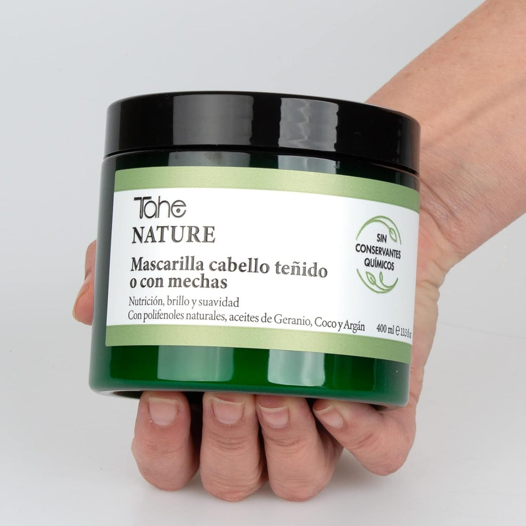 Mască de păr naturală pentru păr vopsit sau evidențiat cu polifenoli naturali, geranium, nucă de cocos și ulei de argan, 400 ml Masca de par Naty Shop