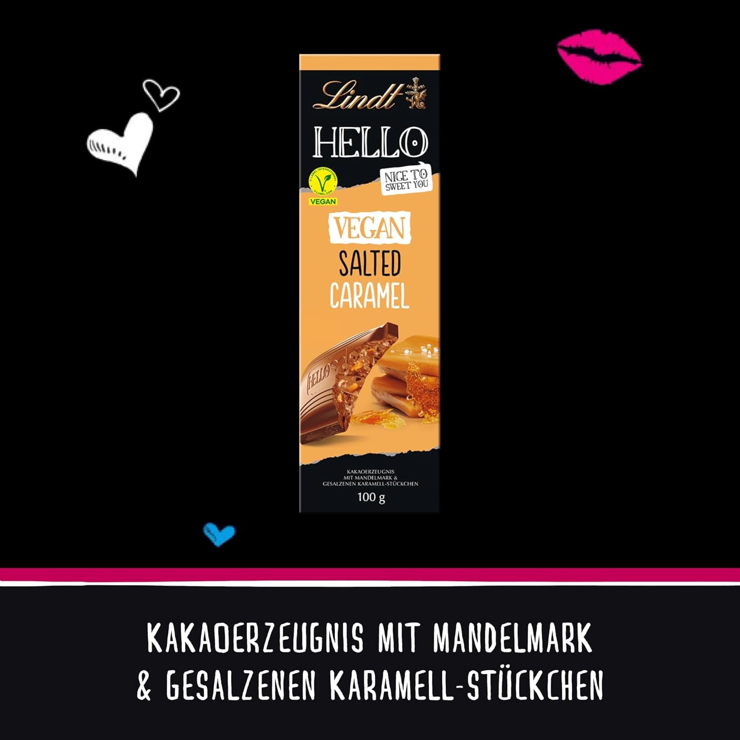 Lindt Schokolade HELLO Tafel Vegan Soled Caramel | 100 g Tafelu | Vegan Mit Kakao, Mandelmark, Karamellzucker Und Einem Hauch von Salz | Schokoladengeschenk Naty Shop