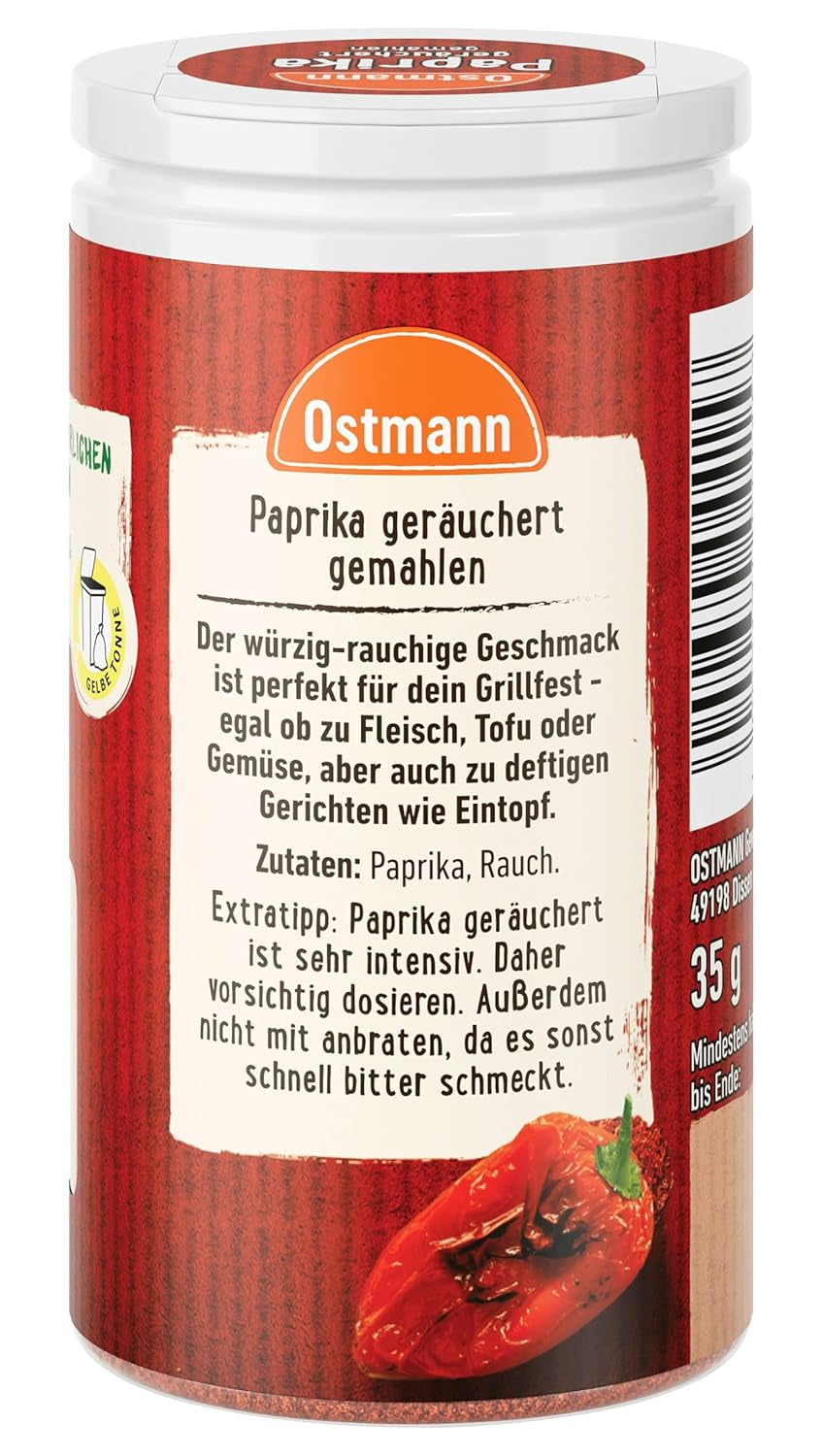 Ostmann Gewürze - Paprika geräuchert | Rauchiges Aroma für Bratkartoffeln, Gulasch nebo Rührei | 35 g v Der Streudose
