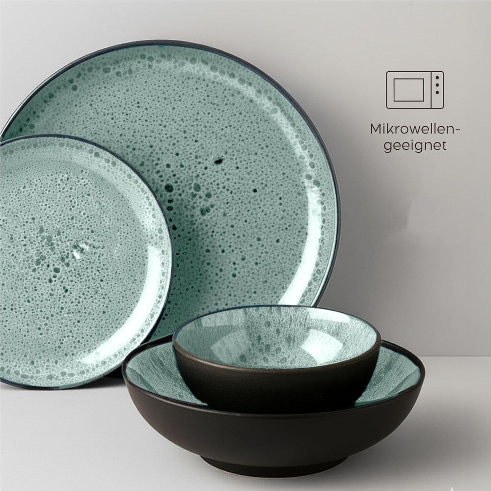 Set de veselă din gresie Twinzee, 24 de piese pentru 6 persoane - Set bol și farfurie - Veselă din gresie pentru cuptorul cu microunde - Colecția Riviera