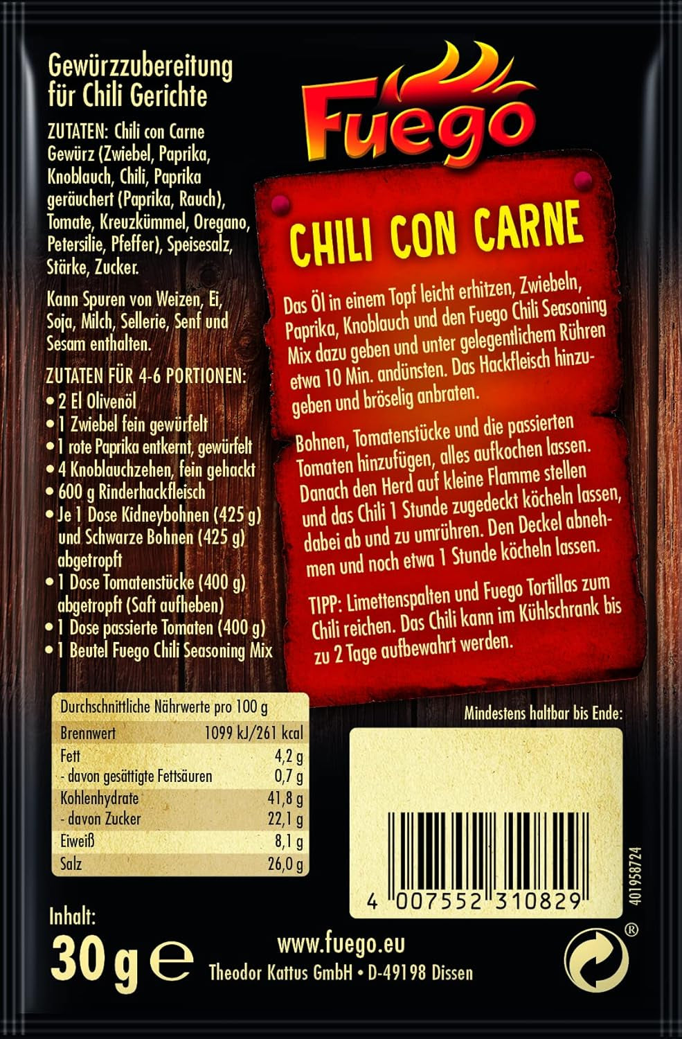 - Chili con Carne kořenící směs | Würzmischung für Chili con Carne, vegetariánské chilli bez Carne | Pro 4-6 porcí Vegan, ohne Gesmacksverstärker | 30 g v sáčku