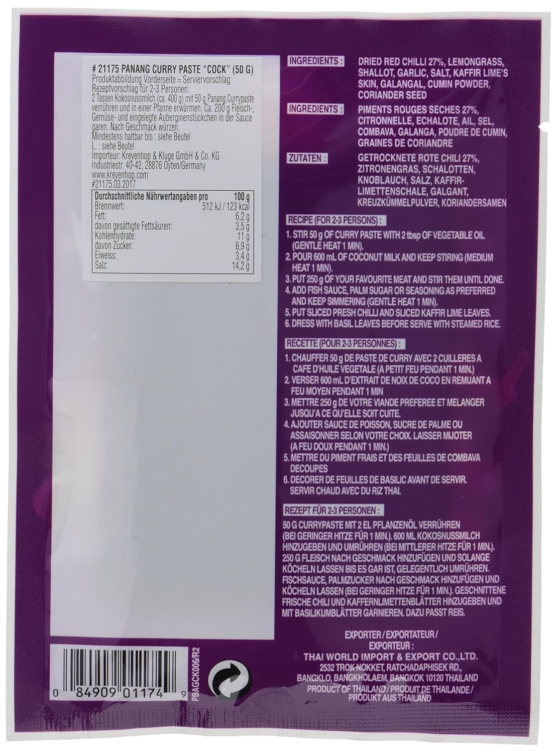 Cock Currypaste Panang, medium Schärfe, autentický thailändisch Kochen, přírodní ingredience, vegan, halal a bez lepku (1 x 50 g)