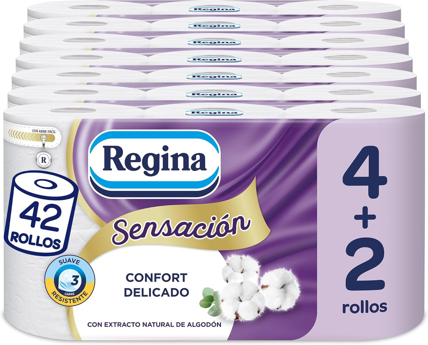 Regina Feeling - 42 role hârtie igienică, 175 foi cu trei straturi, extract natural de bumbac și parfum delicat, 60% ambalaj din plastic reciclat, 100% hârtie certificată Fsc