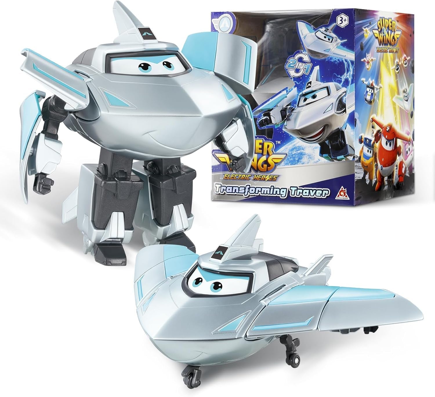 Transformační letadlo Super Wings Supercharged Traver, přibl. 12,7 cm velká dětská figurka na hraní Letadlo a figurka robota pro chlapce a dívky starší 3 let Stříbrné akční figurky Naty Shop Traver