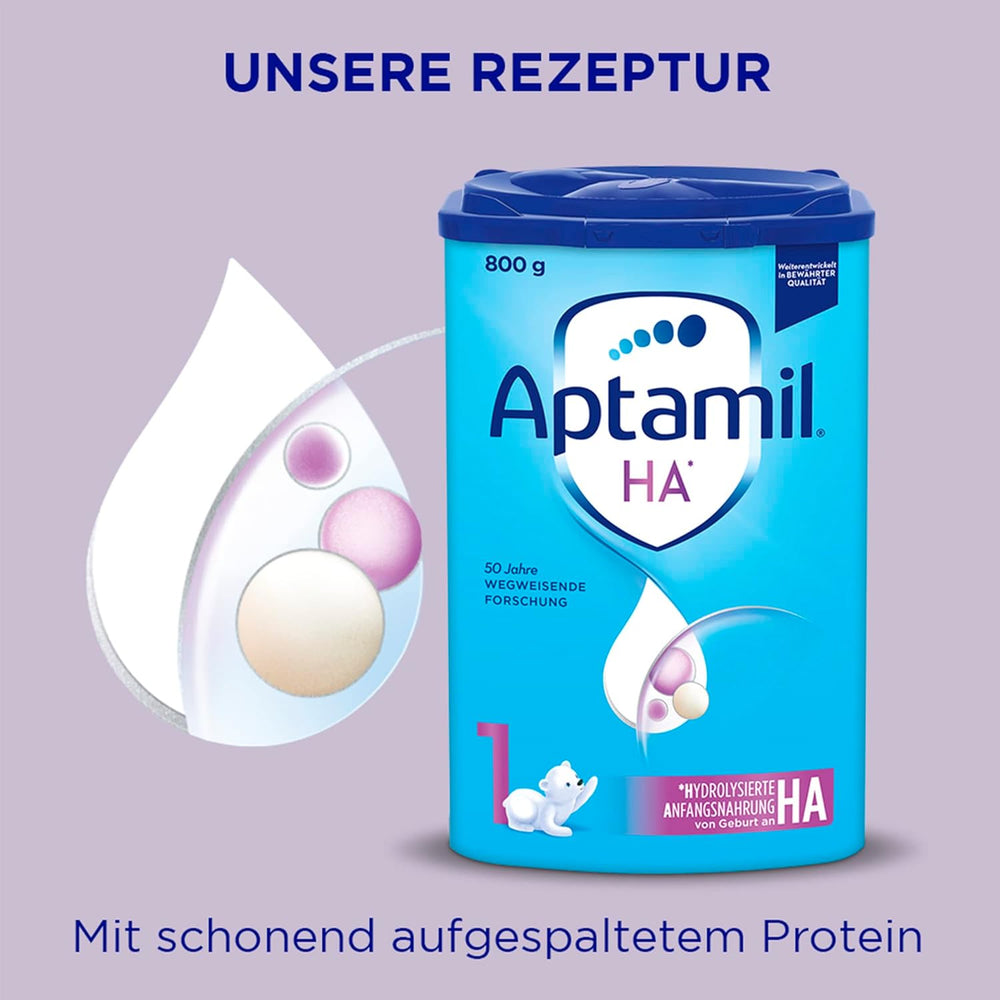 Aptamil HA 1 – Anfangsmilch von Geburt an, Mit DHA, Nur Lactose, Ohne Palmöl, Babynahrung, Milchpulver, 1x 800 g (Backung mit 4)