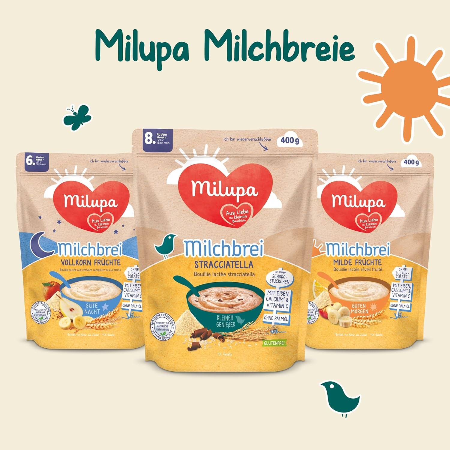 Milupa Stracciatella mléčná kaše - Dětská cereálie bez lepku a palmového oleje - Bez konzervantů a barviv - Od 8 měsíců - 4 x 400 g