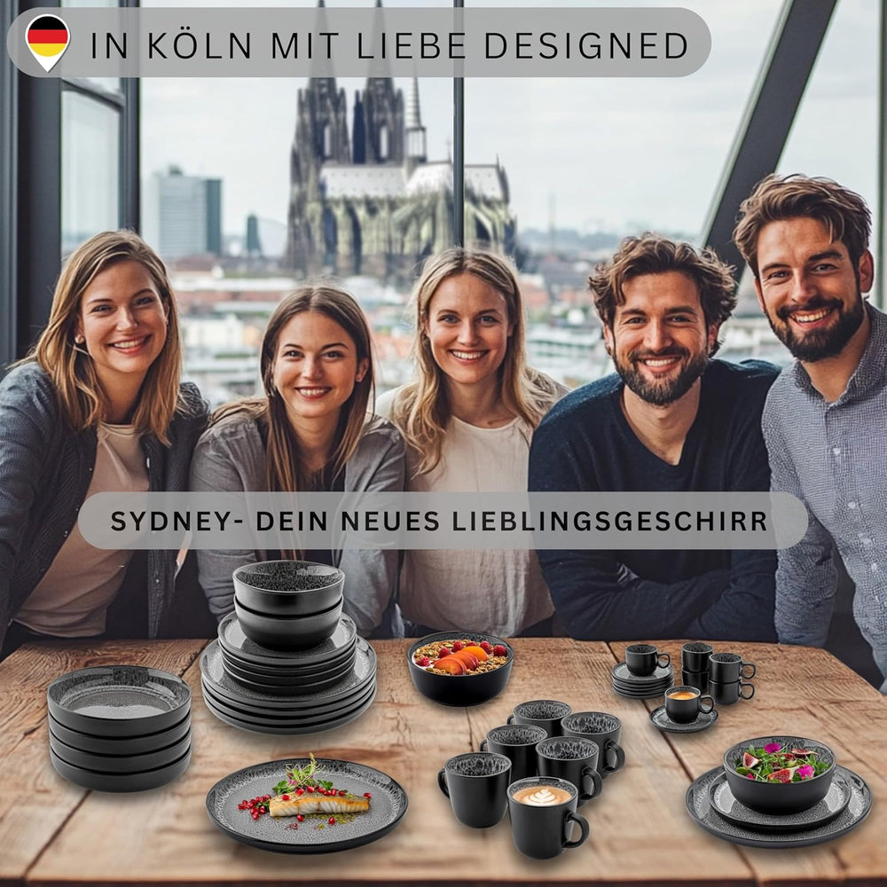 SÄNGER Sydney | Set de 12 căni de espresso din gresie, set de căni Mocha pentru 6 persoane, căni și farfurioare, potrivit pentru mașina de spălat vase și cuptorul cu microunde, gri închis, 80 ml | COLECȚIA VALUE