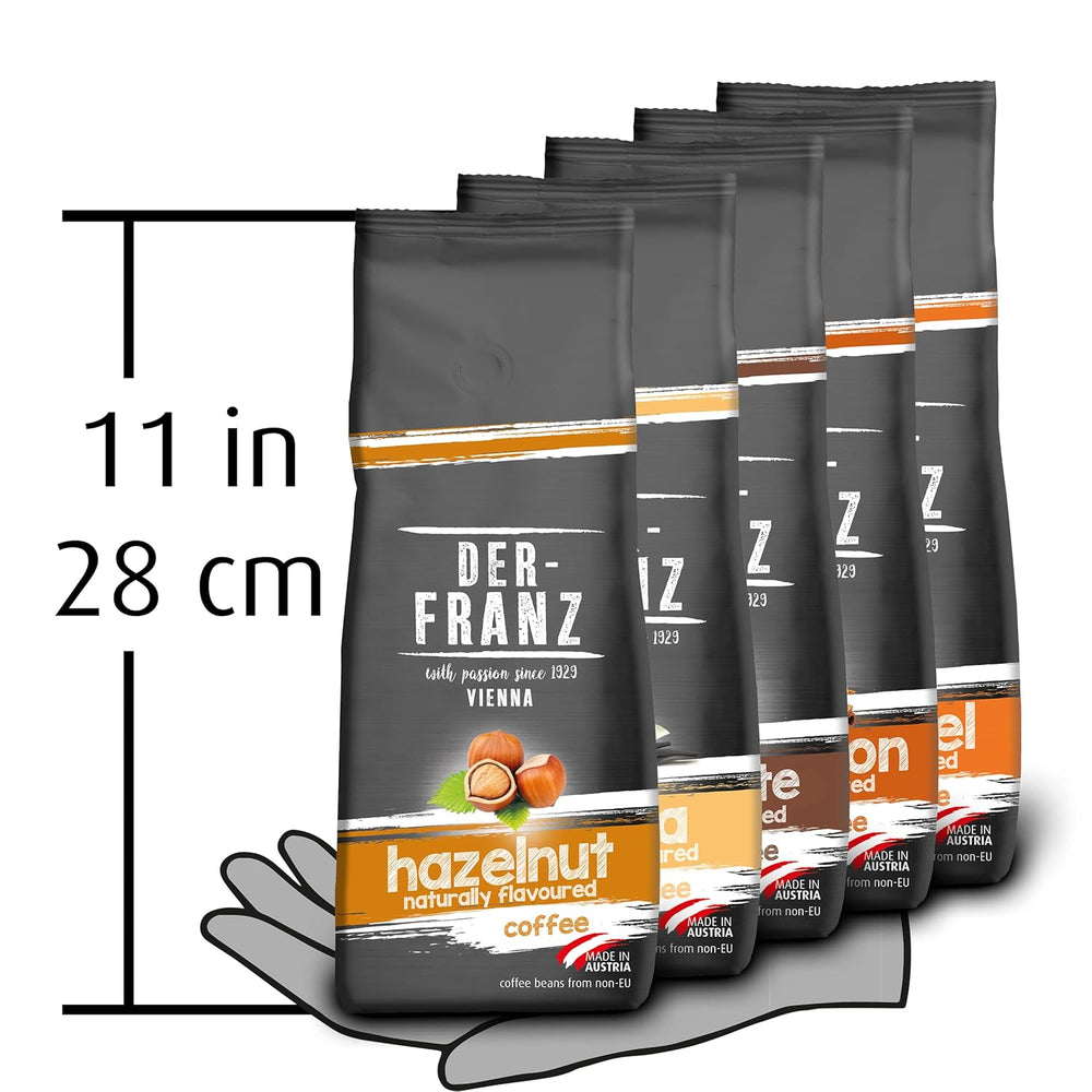 Der-Franz Kaffee Pack, ganze Bohne, aromatisiert, 5 x 500 g (1 x Haselnuss, 1 x Vanille, 1 x Schokolade, 1 x Zimt, 1 x Karamell)