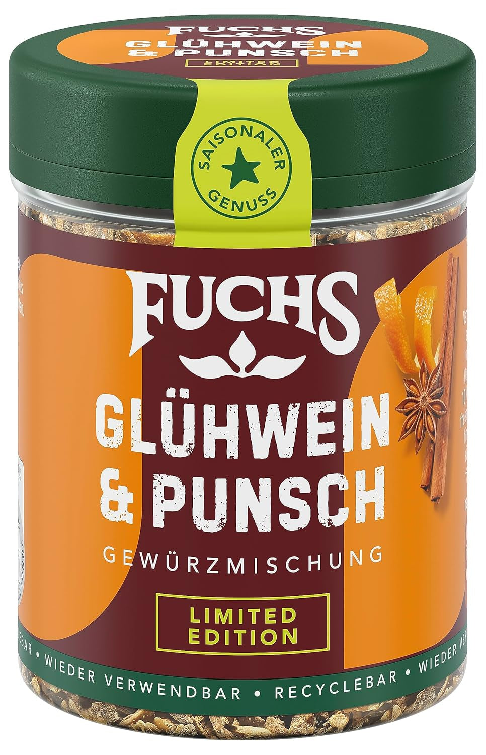 Fuchs Gewürze - Glühwein und Punsch Gewürz - weihnachtliche Gewürzmischung für Wein und Punsch - aus natürliche Ingredient - 40 g v wiederverwendbarer, recyclebarer Dávka
