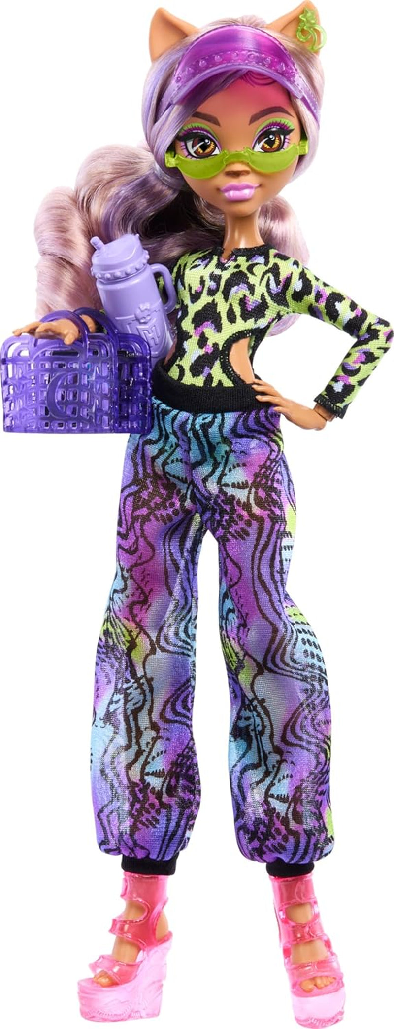 Ostrov Monster High Scare-adise Clawdeen Wolf Puppe s Badeanzug, Jogger und Strandzubehör wie Visier, Wasserflasche und Buch
