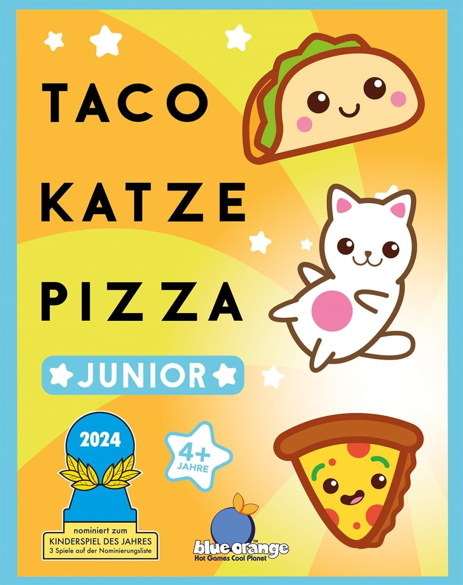 Modrý pomeranč, Taco Cat Pizza Junior, Dětská hra, Karetní hra, Dětská hra roku 2024 Nominace, 2–6 hráčů, věk 4+, 5 minut, německy