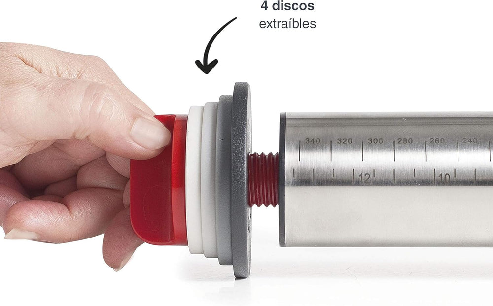 - 67143 - Amasar Küchenroller, 4 abnehmbare Scheiben, Edelstahl, gravierte Messzeichen, Alle Masse, 41,5 cm, Spülmaschinenfreundlich, Grau