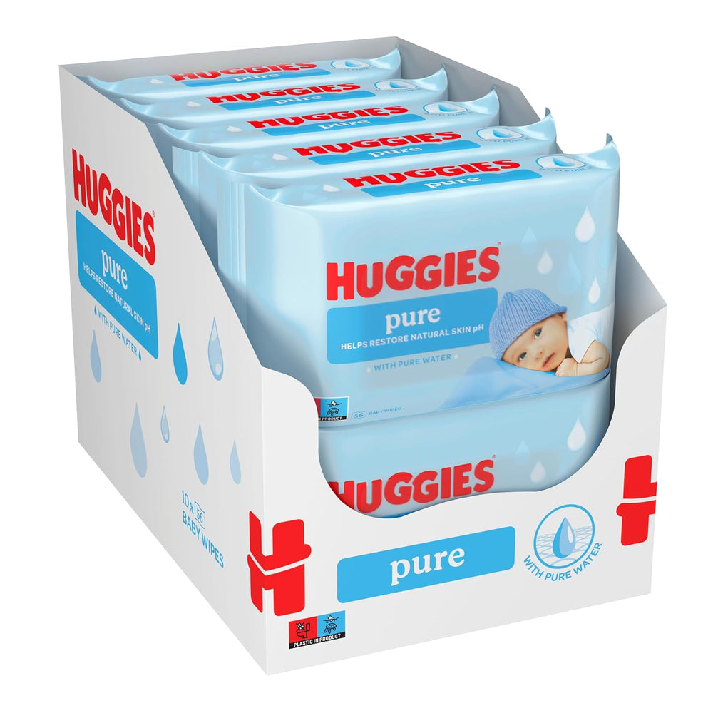 Huggies Pure Baby Wipes 18 balení (1008 ubrousků celkem) - 99% čistá voda - Bez parfemace pro jemné čištění a ochranu - Přírodní ubrousky