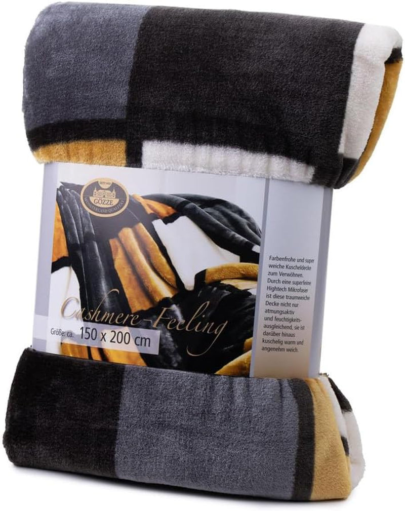 Gözze - Měkká a pohodlná přikrývka, kašmírový pocit, těžká látka 500 G/M², Antigua, 150 X 200 Cm - hořčičné/černo/bílé postele a přikrývky Besuche den Gözze-Store