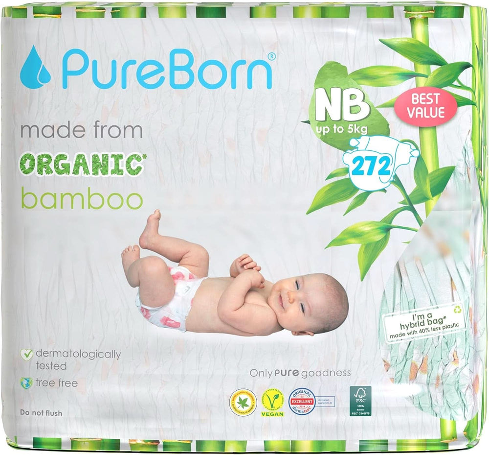Ekologické bambusové plenky Pureborn, velikost pro novorozence (do 5 kg), ekologické, hypoalergenní, ultra měkké, indikátor vlhkosti, různé potisky Mother and Baby Naty Shop Newborn (272 ks)