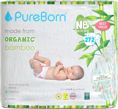 Ekologické bambusové plenky Pureborn, velikost pro novorozence (do 5 kg), ekologické, hypoalergenní, ultra měkké, indikátor vlhkosti, různé potisky Mother and Baby Naty Shop Newborn (272 ks)
