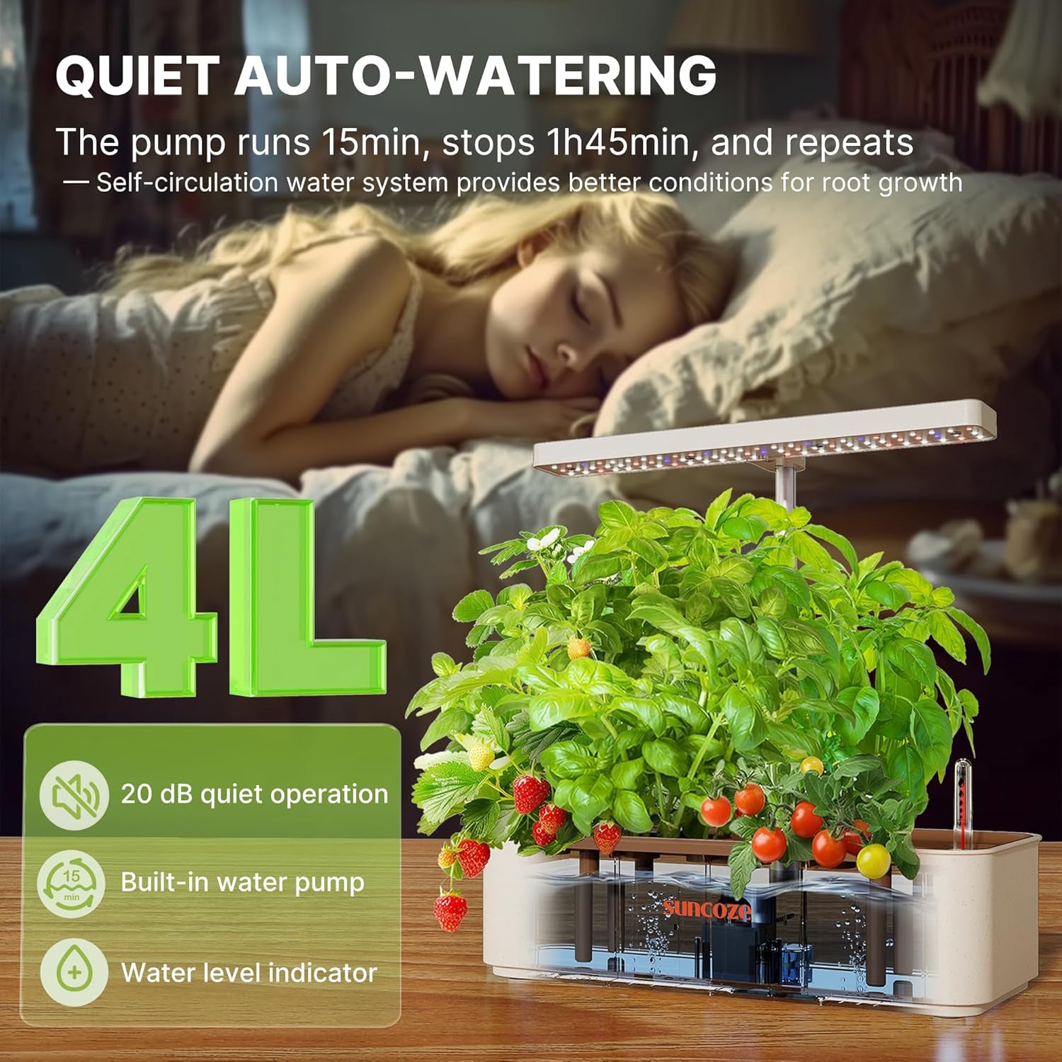 Sada 12 kapslí Hydroponic Grow System, 24W LED vnitřní zahradní lampa, 4L nádrž na vodu s tichým čerpadlem, výškově nastavitelný sázeč bylinek, sada pro vnitřní zahradničení, zahradnické dárky, béžová