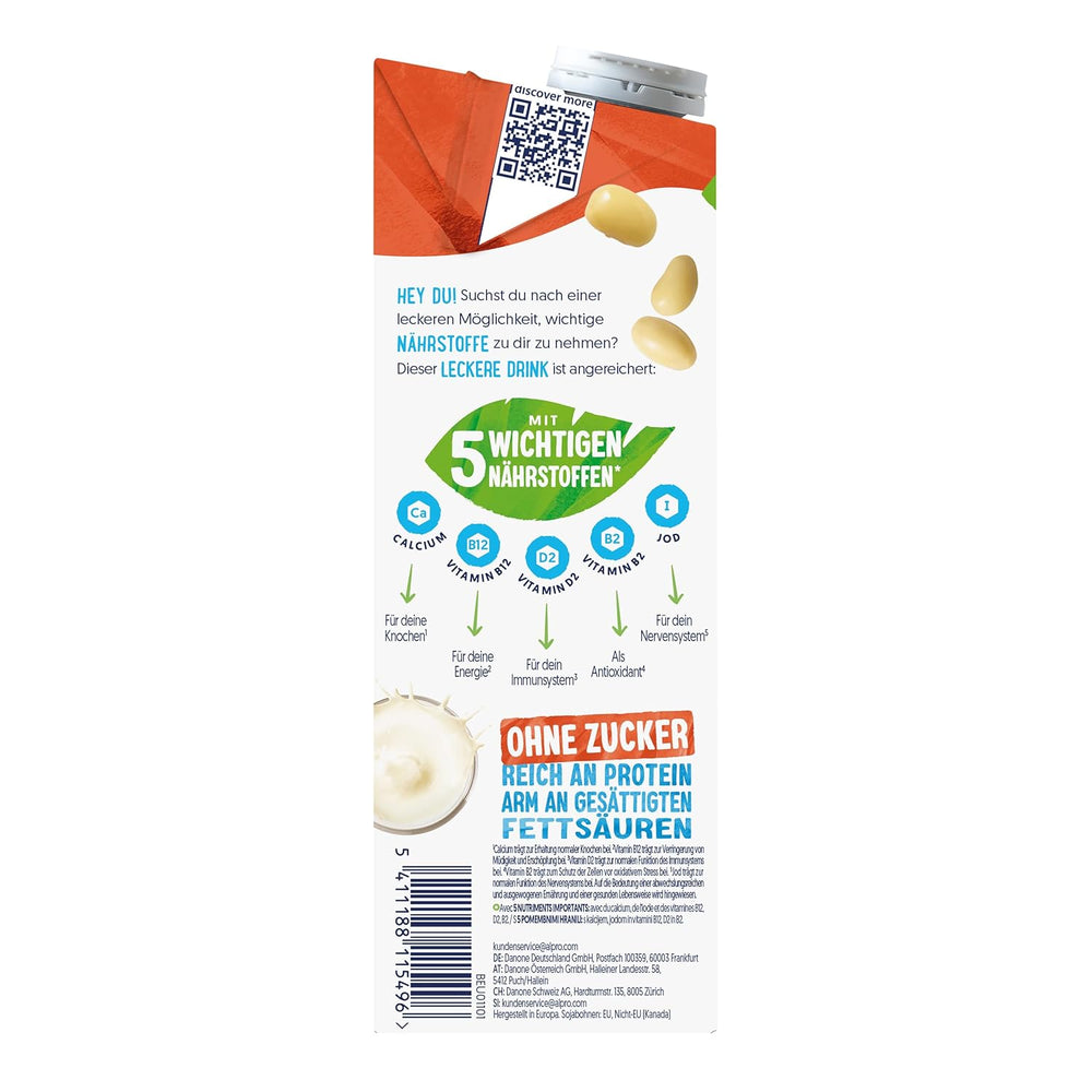 Alpro Sojadrink – Vegan und Milchfrei – Von Natur aus laktosefrei und fettarm – Bohaté na bohaté bílkoviny, inhalovaný vápník a vitamíny – 8 x 1 L – Haltbar