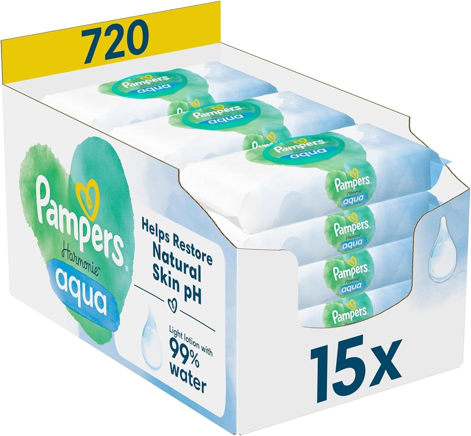 Vlhčené ubrousky Pampers Harmonie Aqua, vlhčené ubrousky, které pomáhají obnovit přirozenou hodnotu pH pokožky, lehké mléko s 99% vodou Baby Wet Wipes Ubrousky Naty Shop 720