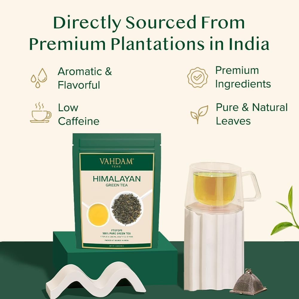 VAHDAM, ceai verde Himalayan (100 g) Ceai verde 100% pur din Himalaya | Fără gluten | Direct de la sursă din India | Preparare fierbinte/rece | Ceai verde vrac