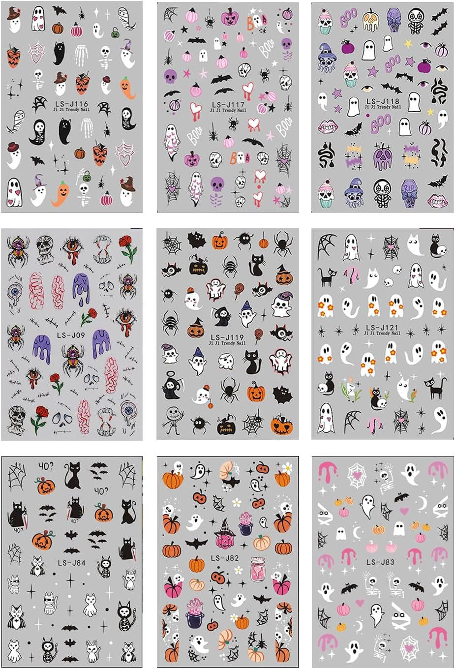 JMEOWIO Nagelsticker Halloween Süßer Geist 9 Blatt Nail Art Sticker Selbstklebend Nagelaufkleber Dekoration Nageldesign Zubehör