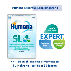 Humana SL Expert, od narození, speciální formule pro intoleranci kravského mléka způsobenou intolerancí laktózy, galaktosémií nebo alergií na bílkovinu kravského mléka, pro kojence a malé děti, 600g