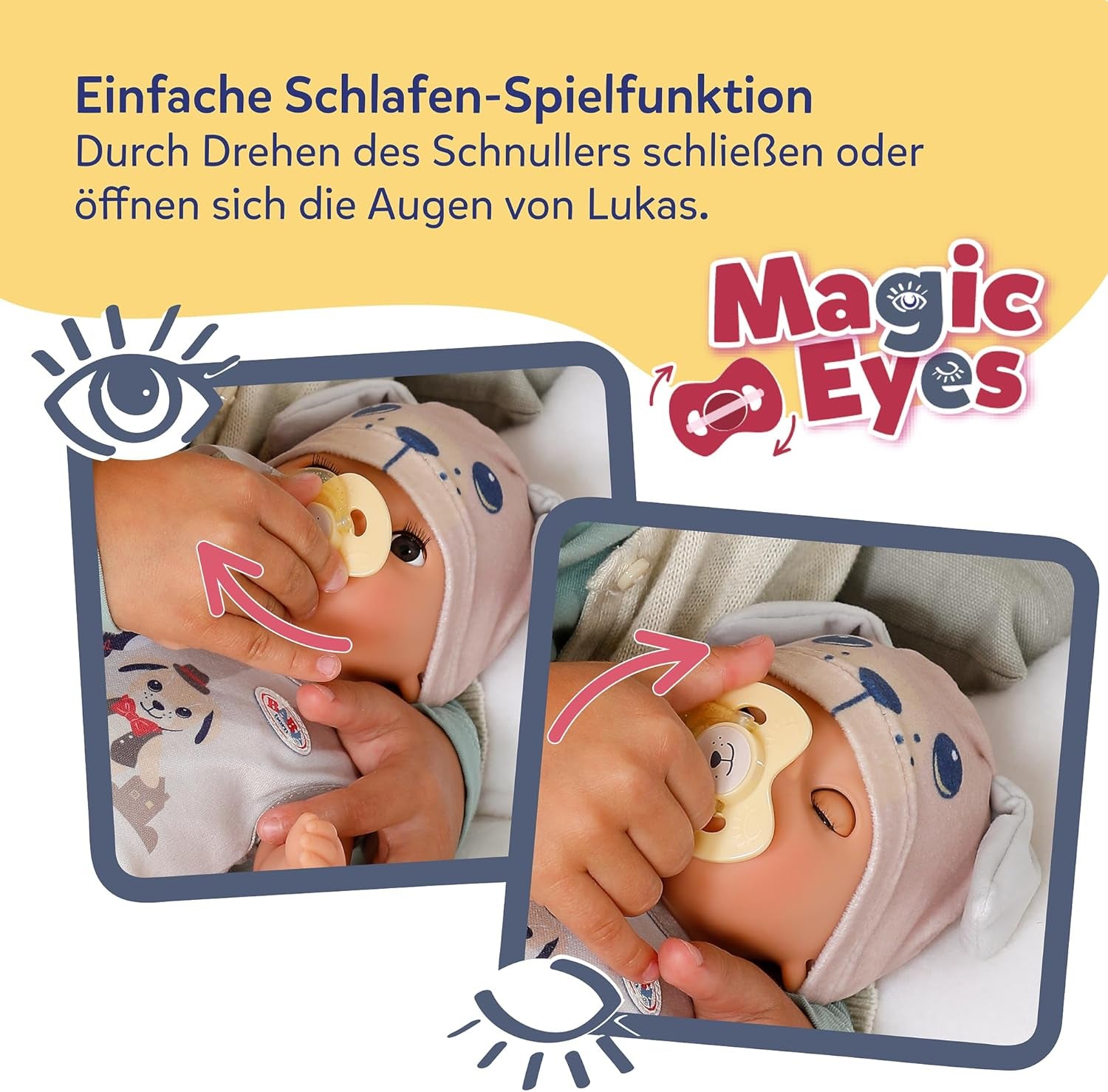 BABY Born Lukas in Strampler mit Hundemotiv, 36 cm große Puppe mit 7 Funktionen für Kinder ab 1 Jahr