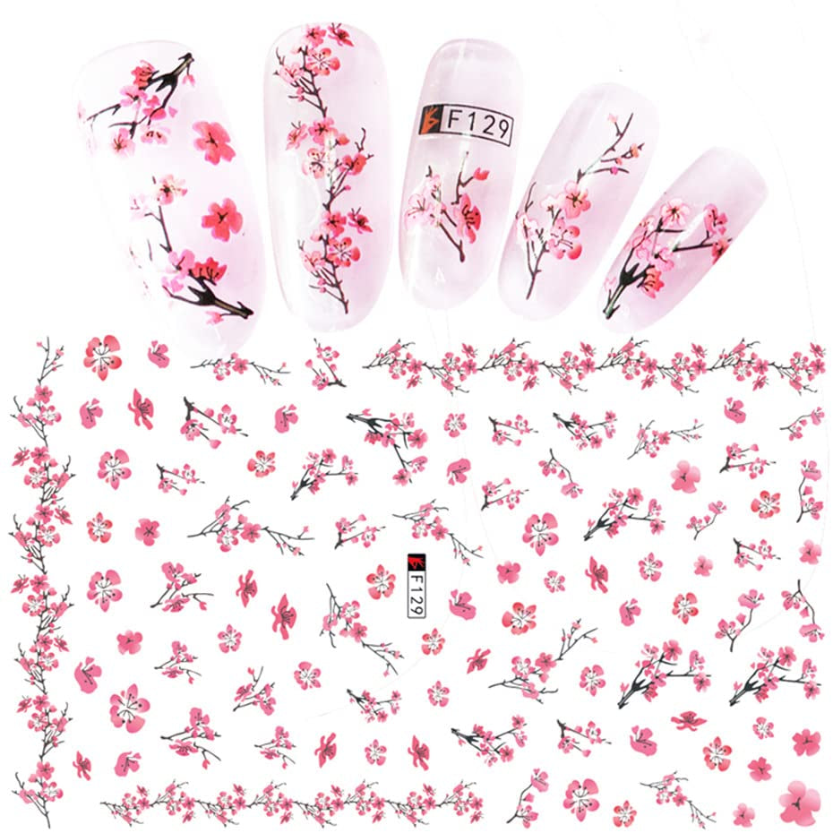 JMEOWIO Nagelsticker Frühling Blume 9 Blatt Nagelaufkleber Selbstklebend Rosa Blüte Nail Art Sticker Dekoration Nageldesign Zubehör