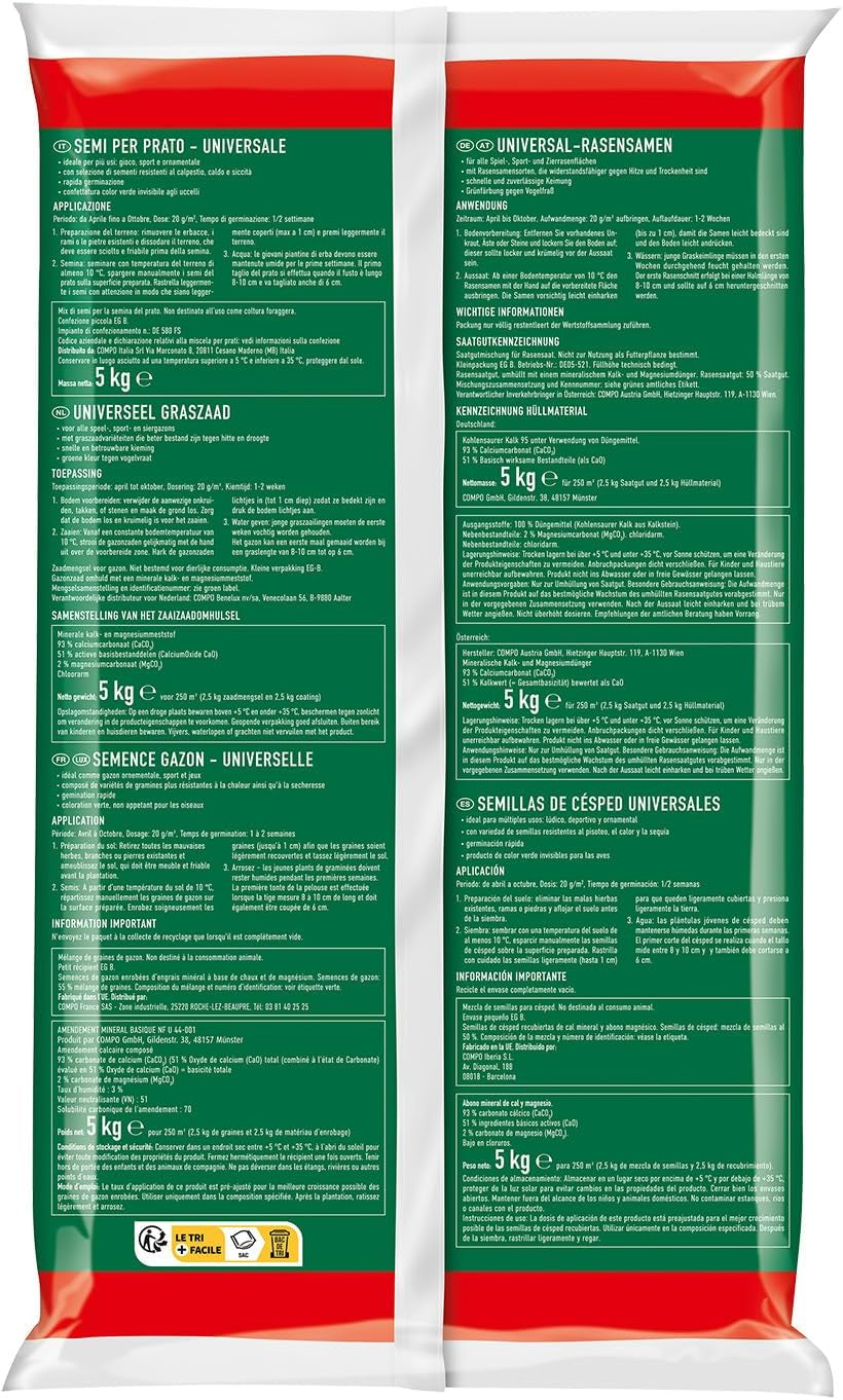 COMPO Schnell Keimende Universal Rasensamen 5Kg Für 250 M², Für Spiel- Und Sportrasen, Ideal Bei Hitze Und Trockenheit, Grün