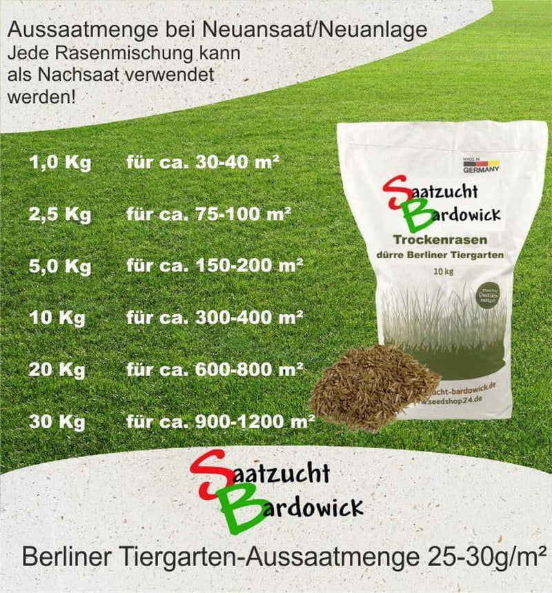 1-30 Kg Rasensamen Berliner Tiergarten Gebrauchsrasen - Für Trockene Standorte - Qualität Zum Fairen Preis (10 Kg)
