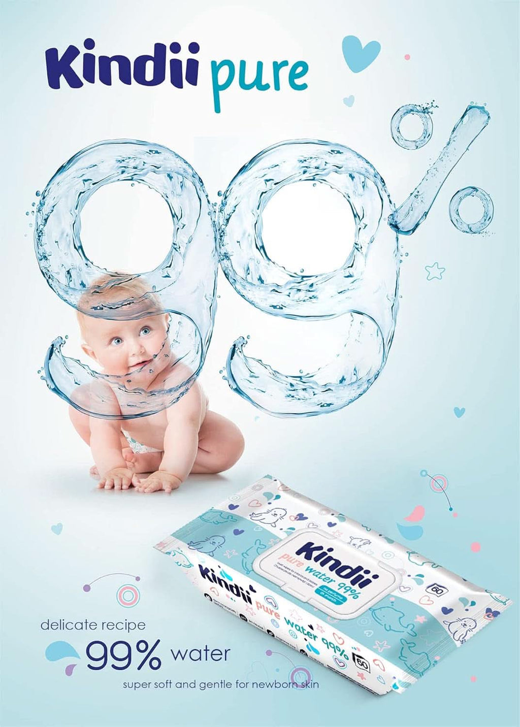 Kindii Feuchttücher Für Babys Und Kinder Pure Water 99% - 99%Ige Zusammensetzung Auf Wasserbasis - Allantoin - Unparfümiert - Dermatologisch Getestet - Für Empfindliche Haut - 720 Stück - 12X60 Stück Naty Shop
