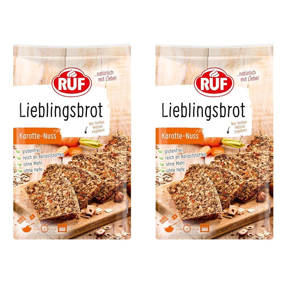 RUF Lieblingsbrot Protein, Brot-Backmischung, Brotmischung, Brotteig-Mischung, Proteinreiches Brot, Glutenfrei, Ohne Mehl & Hefe, 1 X 500G Naty Shop 600 G (2Er Pack) Karotte Nuss