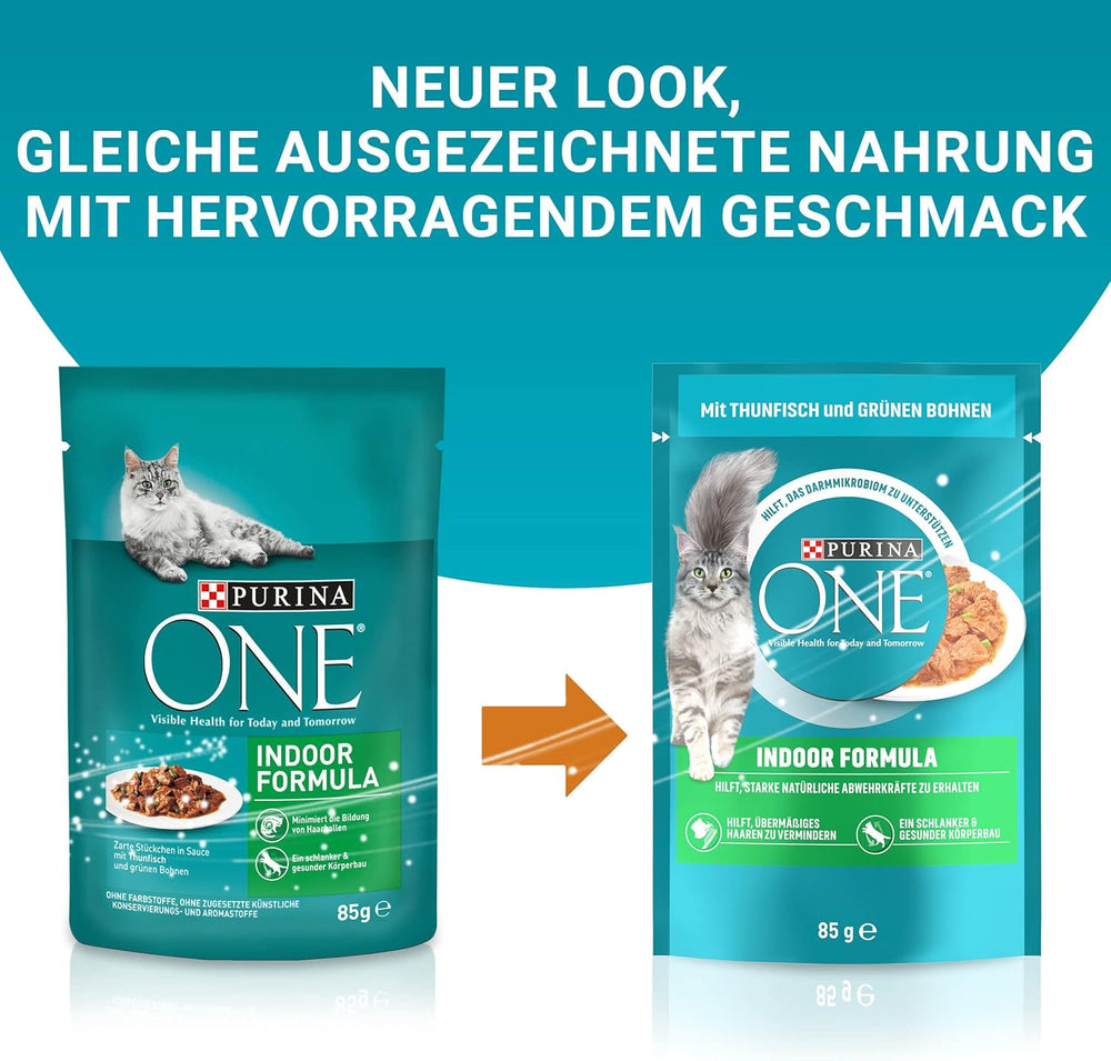 Hrană umedă pentru pisici PURINA ONE Indoor Formula, bucăți fragede în sos pentru pisici de casă, cu ton, pachet de 26 (26 x 85g)
