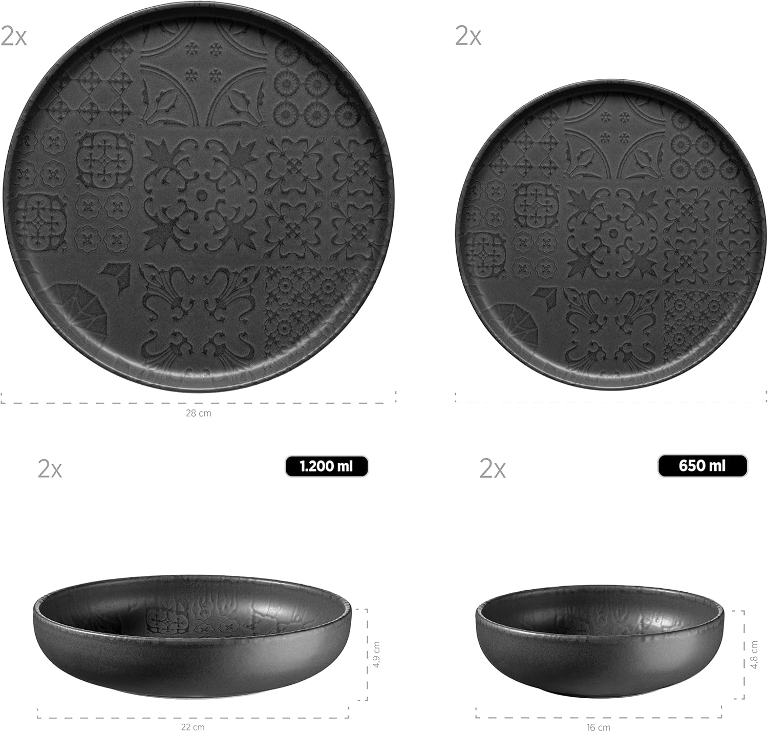MÄSER 934064 Serie Tiles Modernes Vintage Geschirr Set Für 2 Personen in Maurischem Design Mit Mattglasur, 8-Teiliges Tafelservice Mit Tellern Und Schalen Aus Hochwertiger Keramik, Steinzeug, Schwarz Sady nádobí Naty Shop