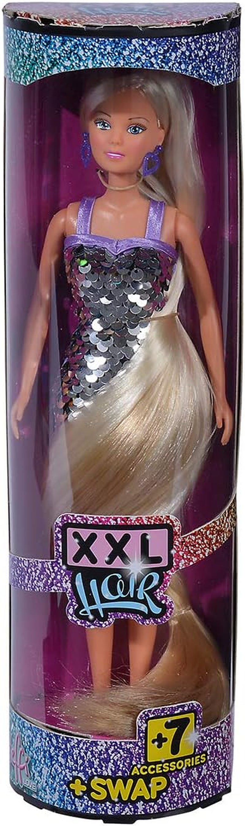 Păpușă Simba Steffi Love cu păr XXL / Rochie cu paiete cu efect de curcubeu și păr super lung / Include agrafe și pieptene / 29 cm / Pentru copii cu vârsta de 3 ani și peste