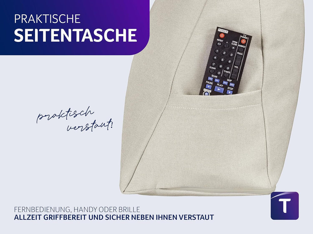 Pernă confortabilă Traumnacht Cozy Back, pernă de citit, 70 x 40 cm bej, husă detașabilă și lavabilă din 100% poliester, buzunar lateral practic, certificată Oeko-Tex, produsă conform standardelor germane de calitate