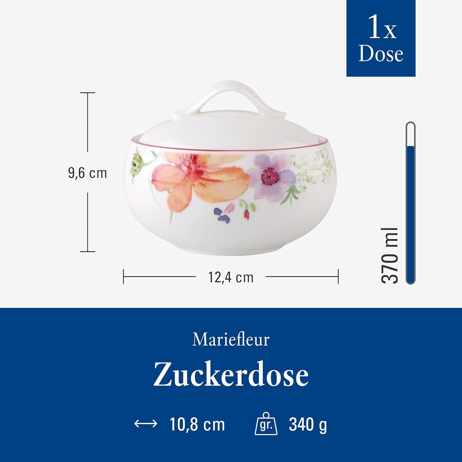 Villeroy & Boch - Zahărniță Mariefleur, Culori Asortate, Se poate spăla în mașina de spălat vase, Se poate pune în cuptorul cu microunde, Zahărniță cu Capac, Recipient pentru zahăr, Depozitare, Accesoriu pentru cafea, Veselă florală, Porțelan Premium