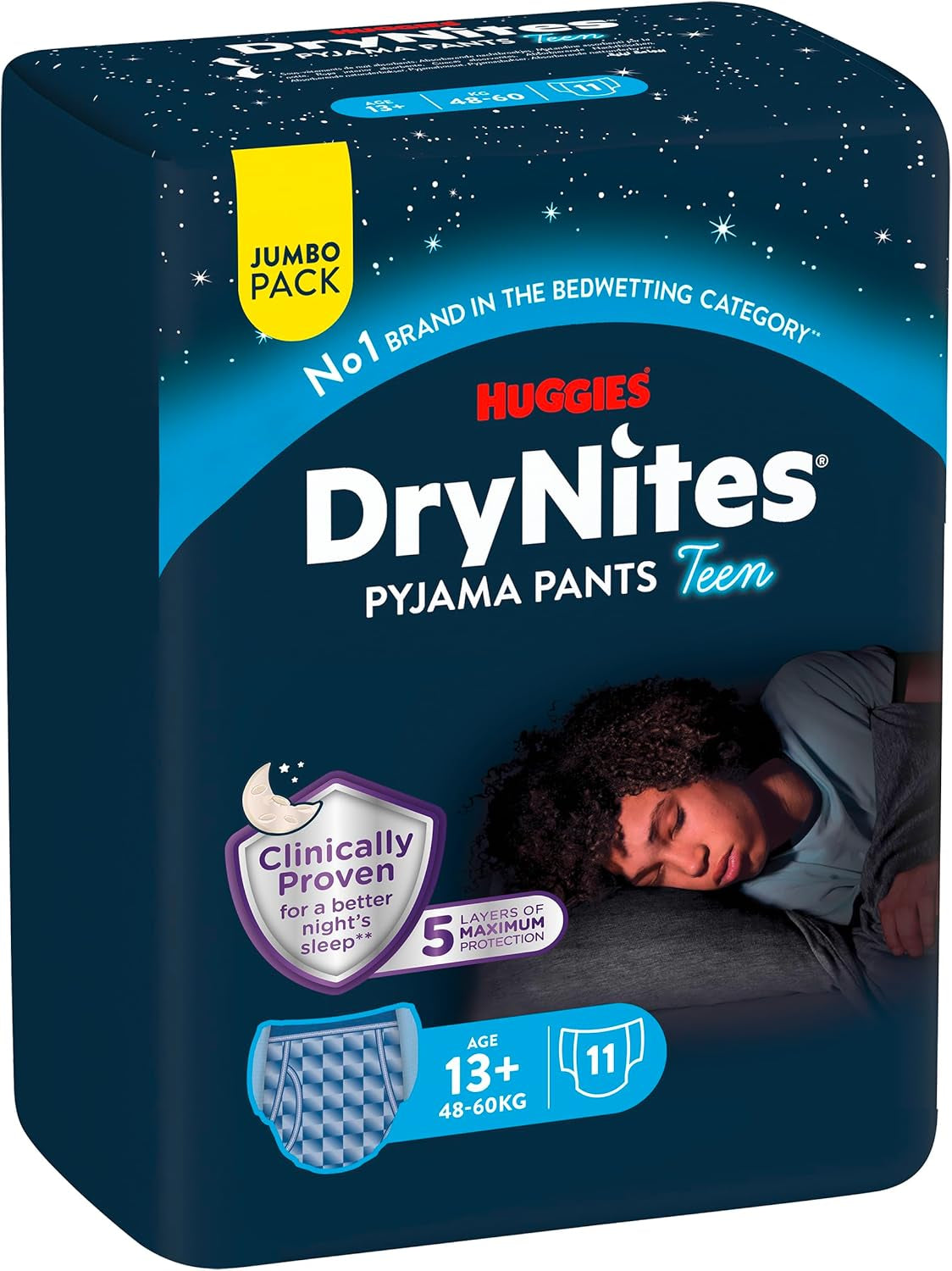 Noční noční pomočování Huggies DryNites, chlapci 13-cca 17 let (48-60kg), 33 Count (3x11), Jumbo měsíční balení, XL slipy