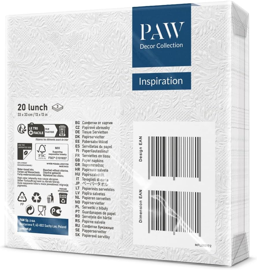 PAW - Șervețele 3 straturi (33 X 33 Cm) I 20 bucăți I Perfect pentru zile de naștere, petreceri, nunți, comuniuni și sărbători I Șervețele de hârtie colorate - ocazii speciale, ornamente I Inspiration Classic