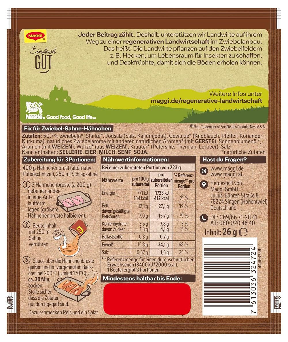 MAGGI Fix für Zwiebel-Sahne Hähnchen, Würzmischung, mit natürlichen Zutaten*, für 3 Portionen, 1er Pack (1 x 26g)