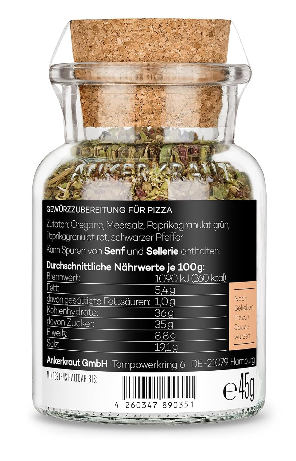Ankerkraut Pizza, pro originální italskou chuť jako ze Steinofenu, také na těstoviny, rajčatovo-mozzarellu a mnoho dalších jídel, 45 g v korkovém skle