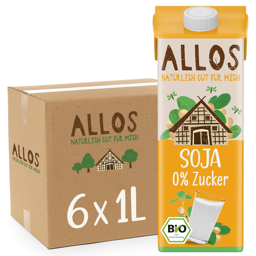Allos Bio Sojadrink ohne Zucker | Milchalternative aus Soja | Sójový nápoj | Drink auf Pflanzenbasis | veganský nápoj | ohne zugesetzten Zucker | vegan | bez laktózy | 1 litr (6 kusů)