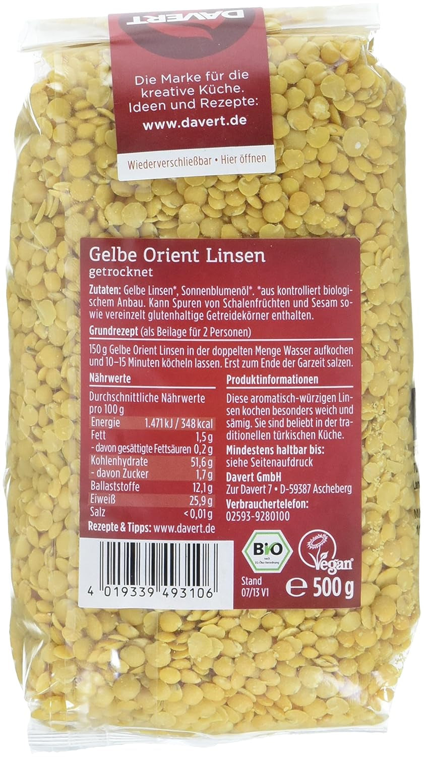 Davert orientální žlutá čočka (1 x 500 g) - Bio