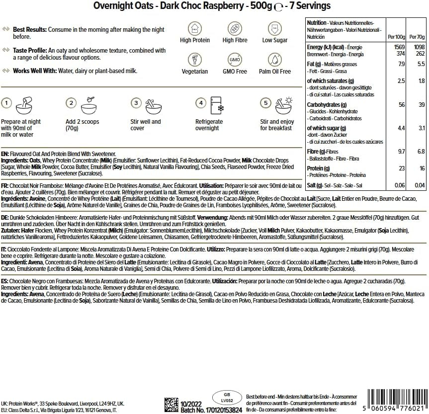 Noční ovesná kaše s proteinem | Hořká čokoláda a malina | Snídaně s vysokým obsahem bílkovin | Svačina s nízkým obsahem cukru | Ovesné vločky s nízkým GI | 500 g