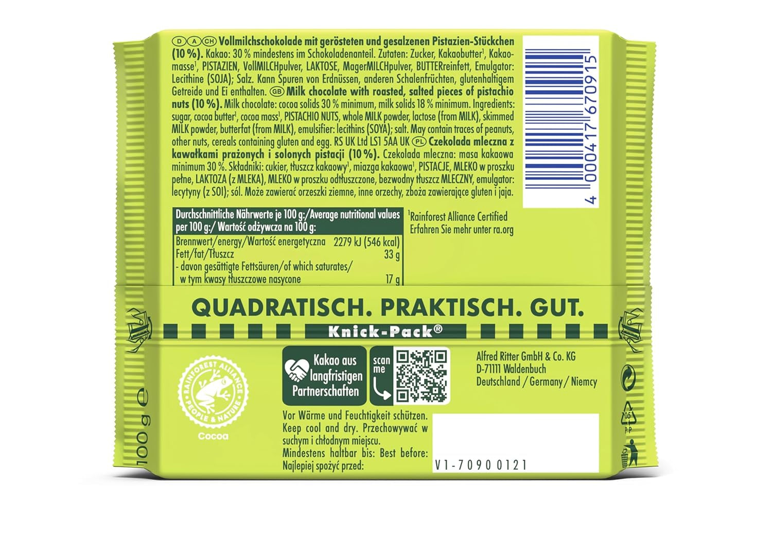 Ritter Sport Pistácie, mléčná čokoláda s jemnými kousky pistácií, čokoládová klasika, perfektní na svačinu a pochutnání, skvělý nápad na dárek, 12 tyčinek x 100 g