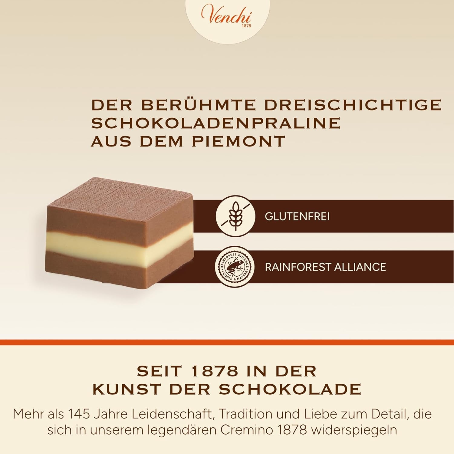 Venchi - Cremini 1878 - Třívrstvá čokoláda s gianduja s mléčnou a mandlovou pastou, "Piemontese Hazelnuts CHZO", 1 kg, bez lepku, bez barviv a bez konzervantů