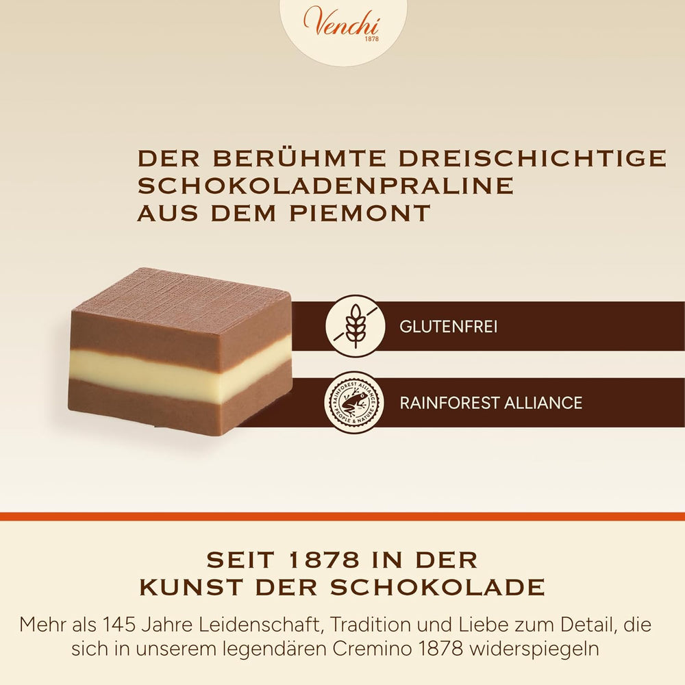 Venchi - Cremini 1878 - Třívrstvá čokoláda s gianduja s mléčnou a mandlovou pastou, "Piemontese Hazelnuts CHZO", 1 kg, bez lepku, bez barviv a bez konzervantů