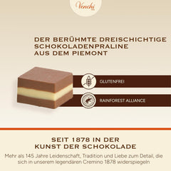Venchi - Cremini 1878 - Třívrstvá čokoláda s gianduja s mléčnou a mandlovou pastou, "Piemontese Hazelnuts CHZO", 1 kg, bez lepku, bez barviv a bez konzervantů